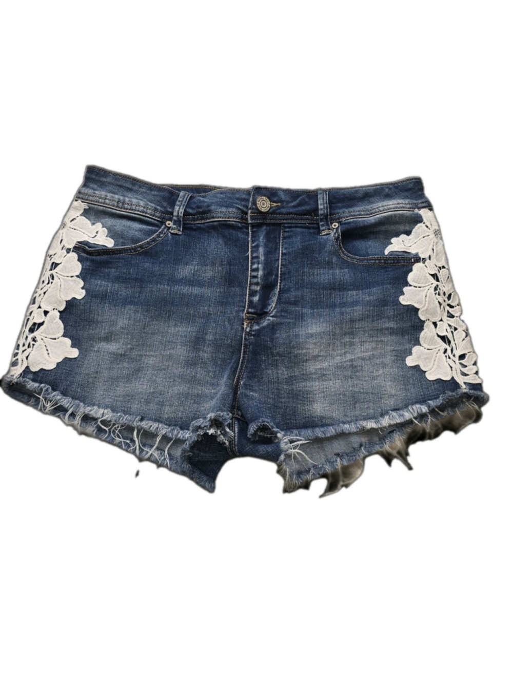 Indigo Rein Lace Applique Denim Jorts Jr. 15 Distressed Cutoff Boho Festival